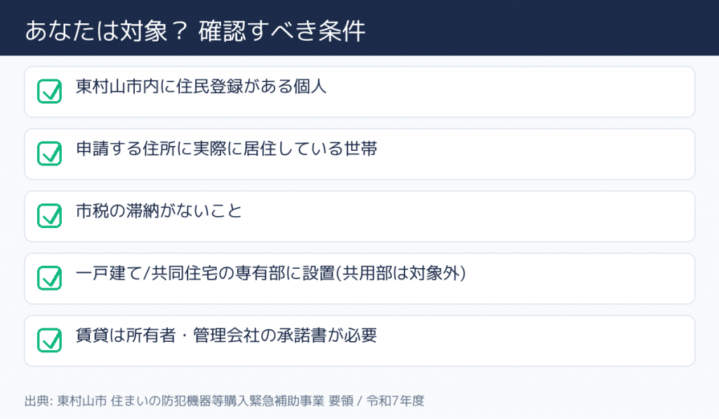 東村山市 住まいの防犯機器等購入緊急補助事業 - 対象者の条件チェック