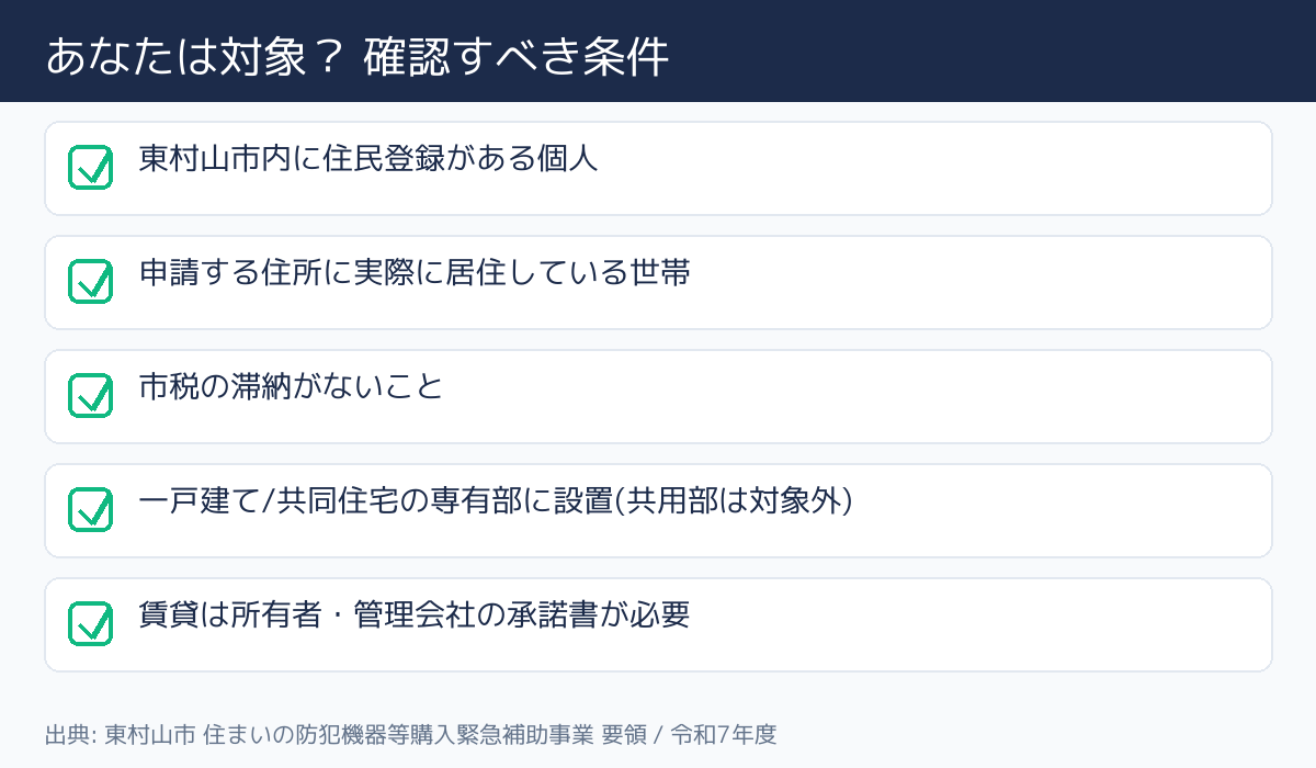 東村山市 住まいの防犯機器等購入緊急補助事業 - 対象者の条件チェック