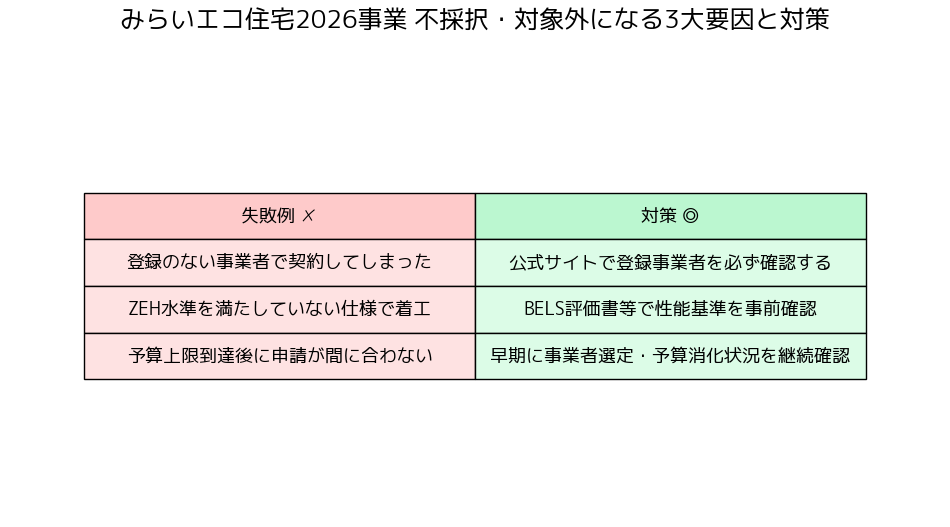 みらいエコ住宅2026事業 不採択・対象外要因と対策