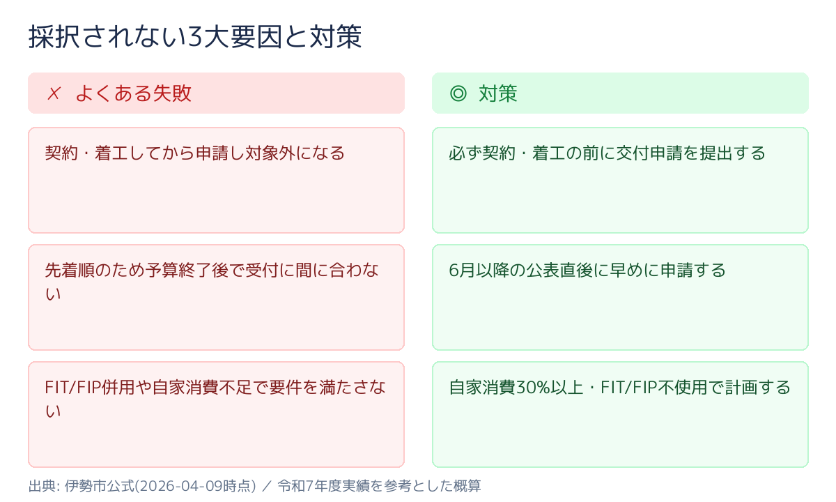 三重県 伊勢市 自家消費型 太陽光発電・蓄電池 補助金 よくある失敗と対策