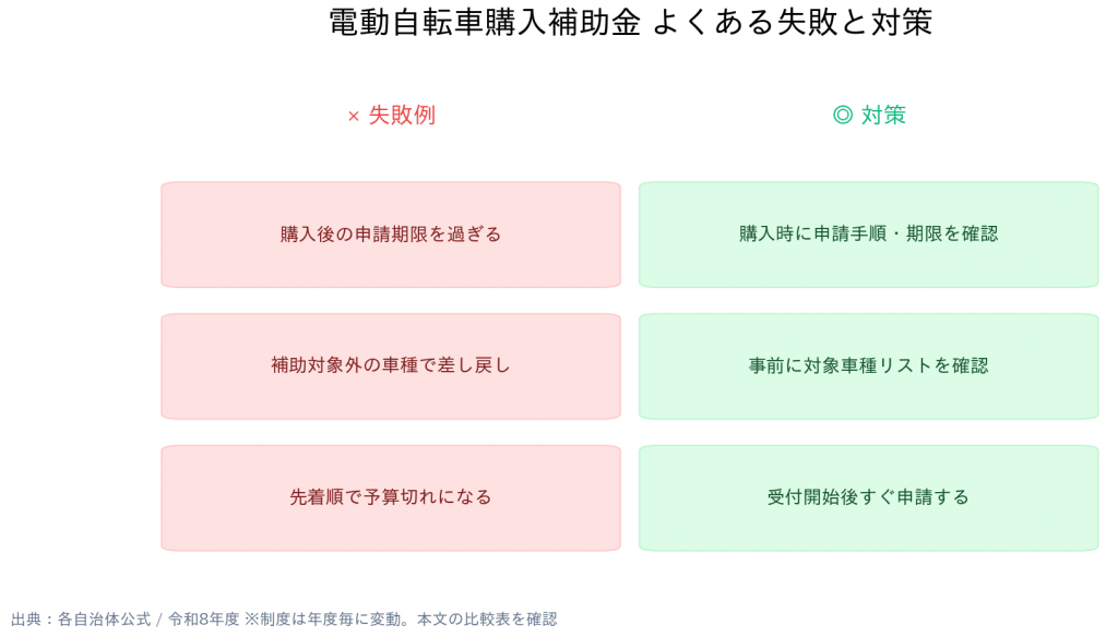 電動自転車購入補助金でよくある5つの失敗例と対策(申請期限超過・対象外車種・予算切れ・書類不備・居住区対象外)