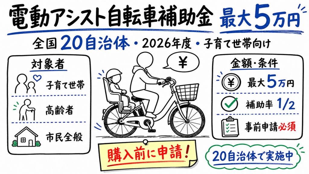 電動アシスト自転車補助金 全国20自治体 最大5万円 | 申請ガイド アイキャッチ