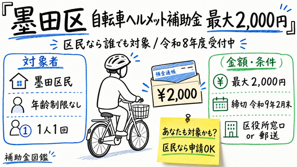 墨田区 自転車ヘルメット補助金 最大2,000円 | 申請ガイド アイキャッチ
