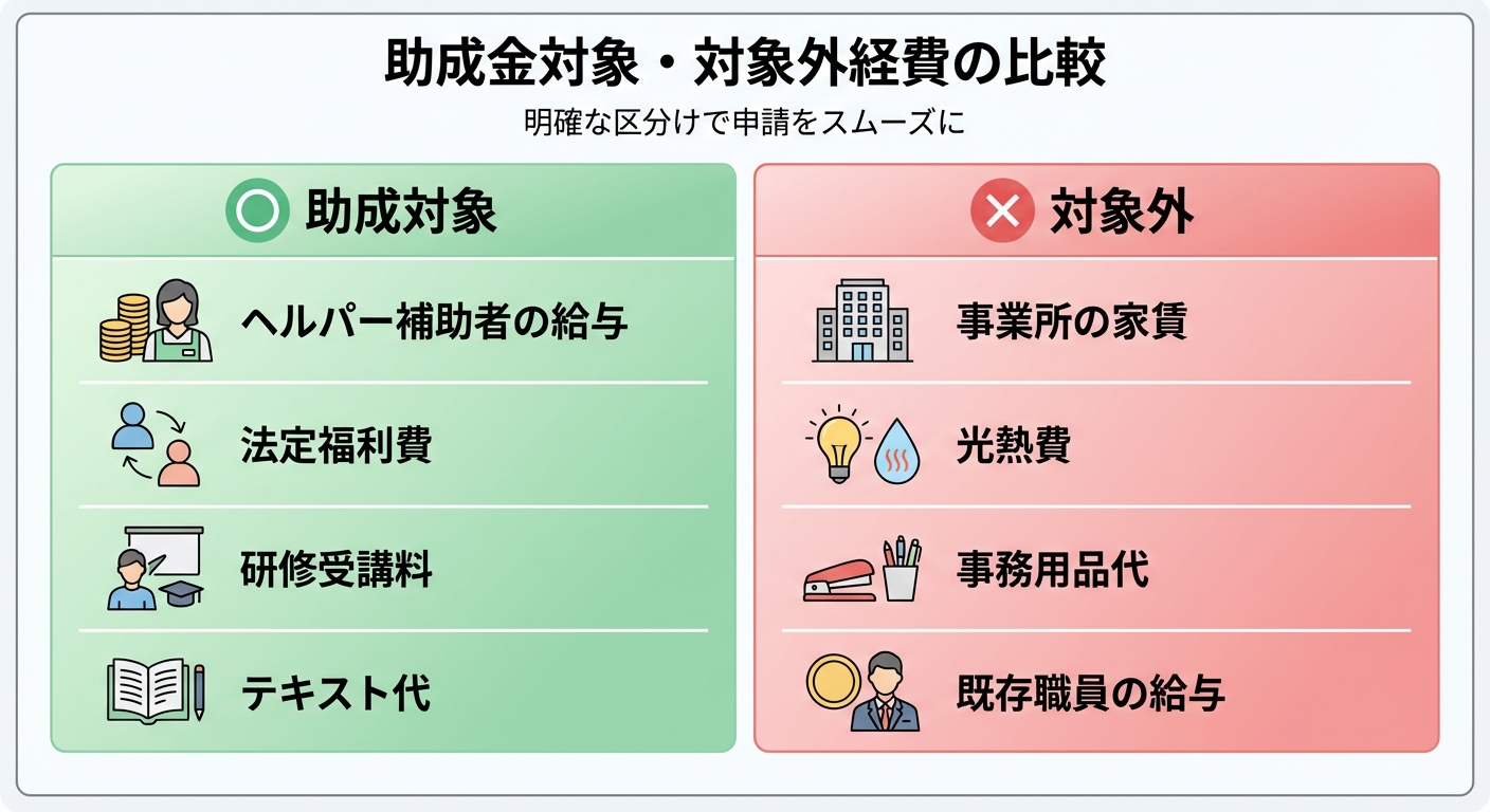 AI図解: 助成対象となる経費・ならない経費の比較図解