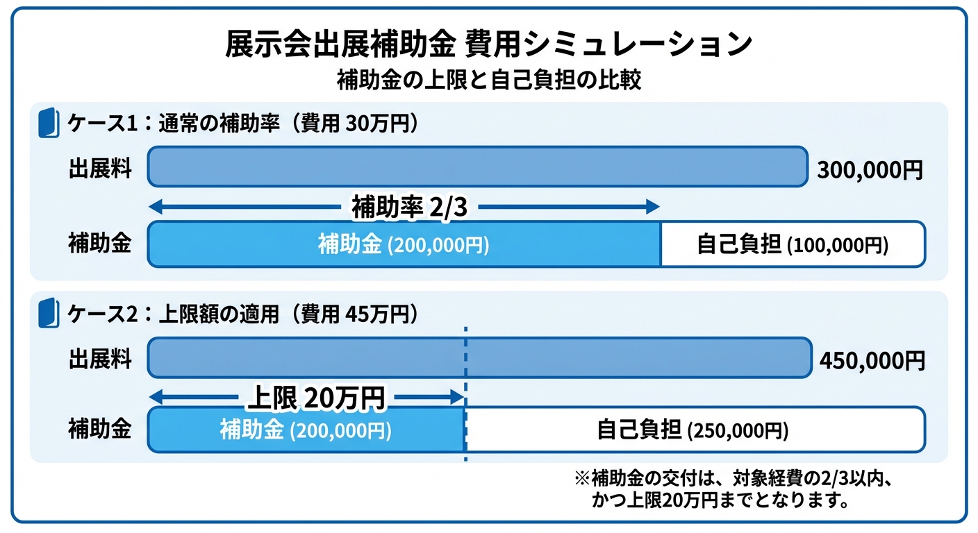 AI図解: 補助金額のシミュレーション（2/3補助と上限20万円の壁）