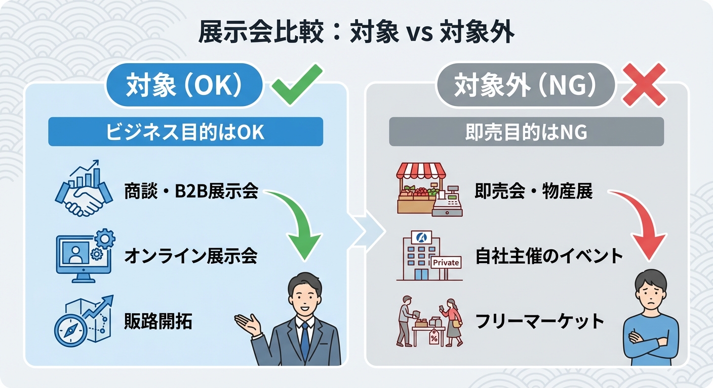 AI図解: 補助対象・対象外となる展示会の判別チャート