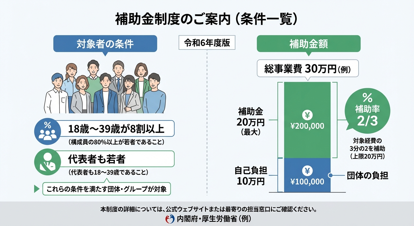 AI図解: 伊勢崎市：若者未来共創事業の対象条件と補助額シミュレーション