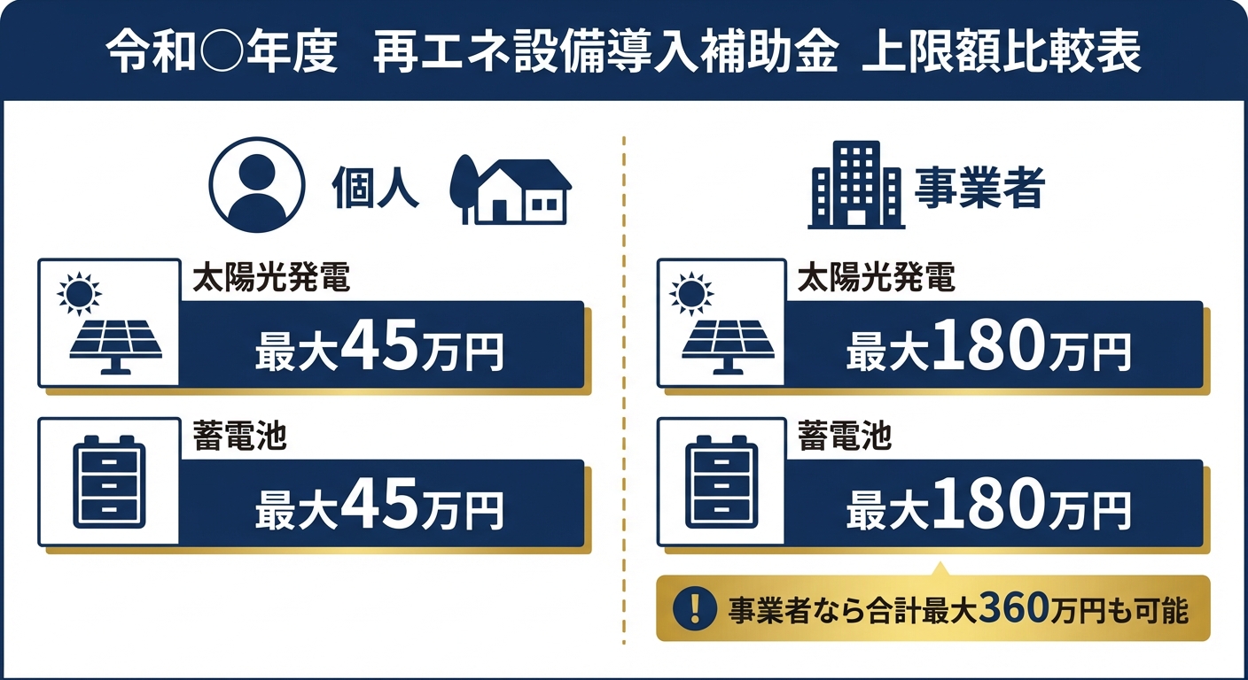 AI図解: 個人と事業者の補助上限額比較チャート