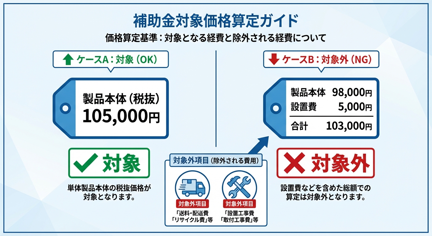 AI図解: 補助対象金額の判定シミュレーション（税抜10万円の壁）