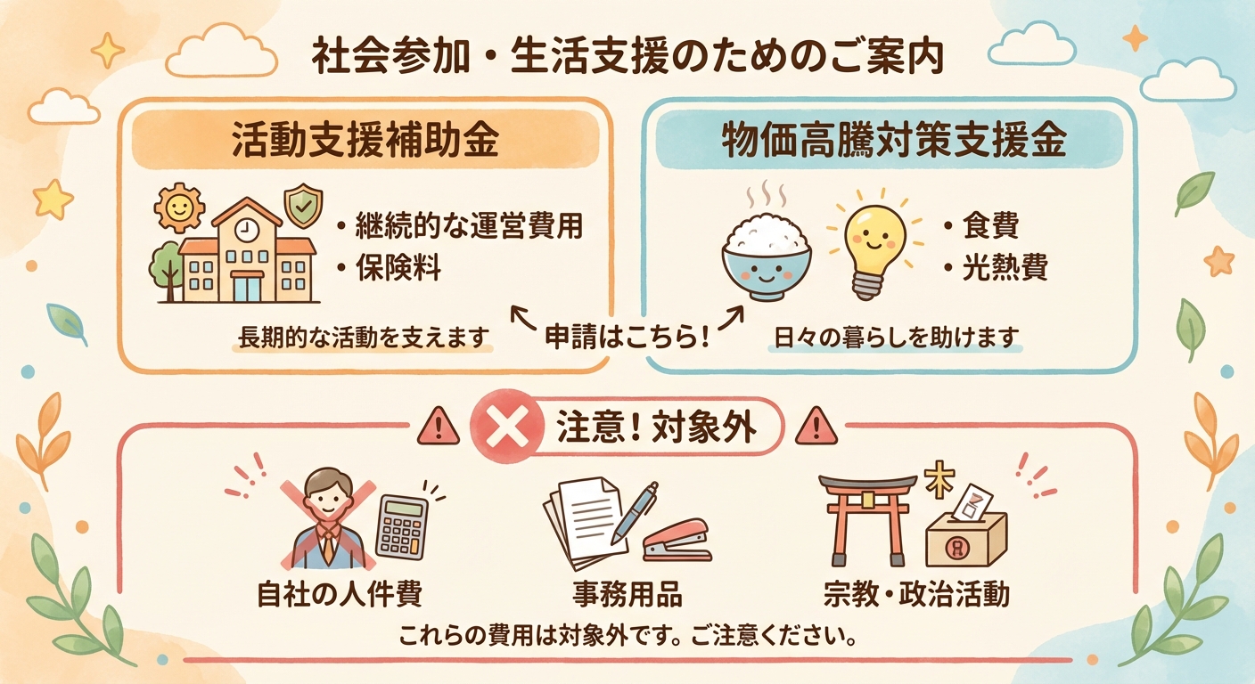 AI図解: こども食堂支援金：2つの支援メニューと対象外項目の比較