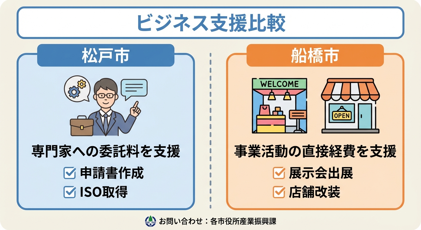 AI図解: 松戸市と船橋市の支援内容の比較（専門家活用 vs 直接事業支援）