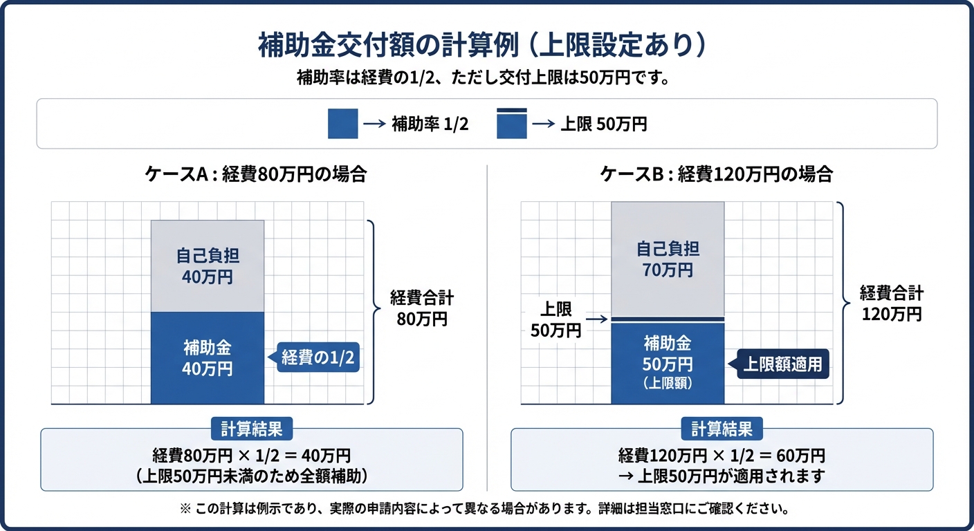 AI図解: 補助金受給額のシミュレーション（1/2補助・上限50万円）