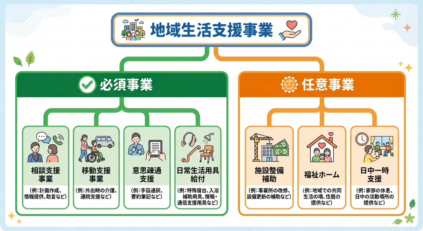 AI図解: 地域生活支援事業の必須事業と任意事業の構成