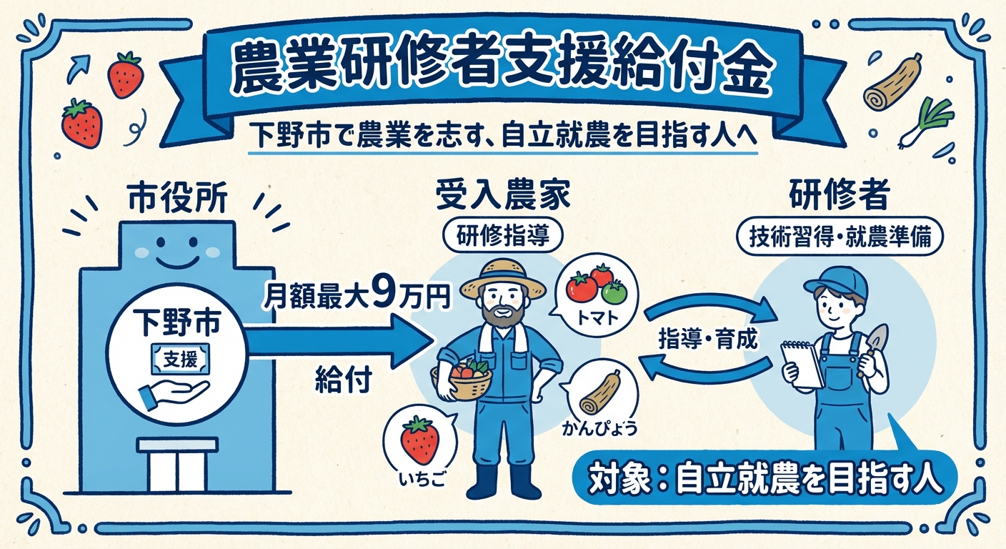 AI図解: 下野市 農業研修者受入支援助成金の支援構造シミュレーション