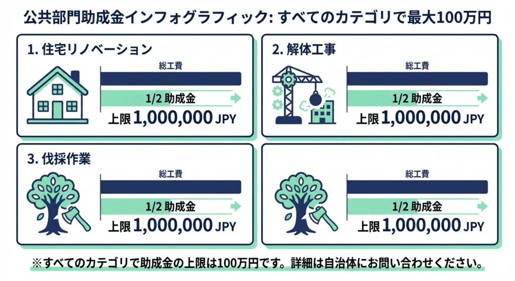 AI図解: 補助対象の3区分と最大100万円の補助イメージ