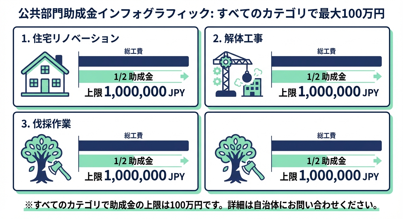 AI図解: 補助対象の3区分と最大100万円の補助イメージ