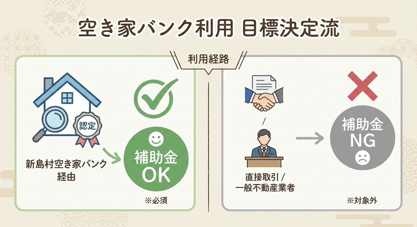AI図解: 空き家バンク経由が必須となる申請条件の判別図