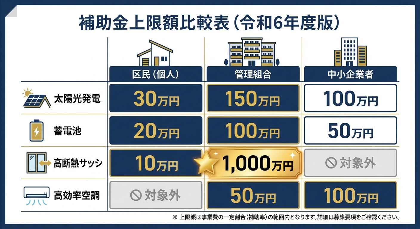 AI図解: 対象者・設備別の助成上限額比較チャート