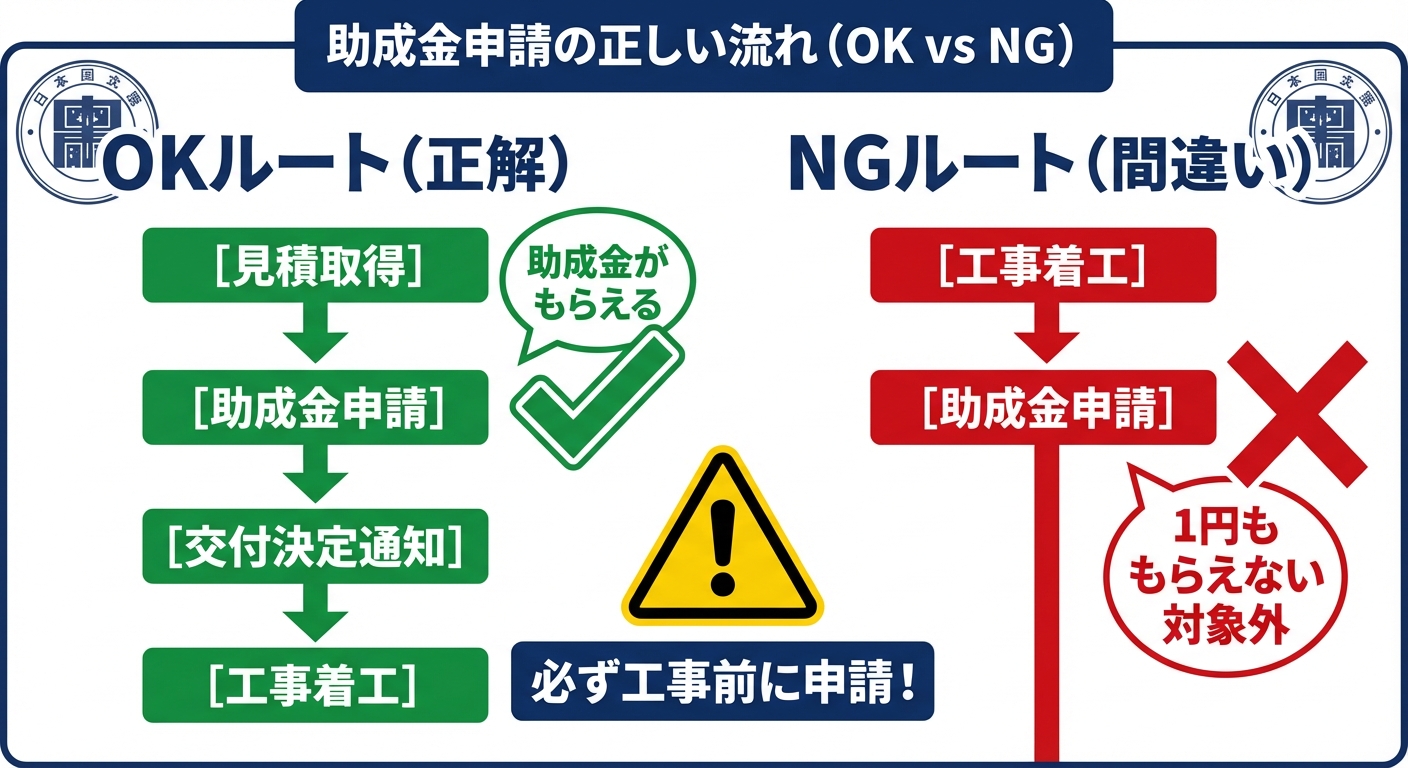 AI図解: 「着工前申請」の絶対ルールと成否分岐図