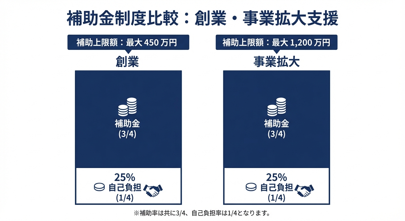 AI図解: 創業・事業拡大の補助金上限と負担割合の比較