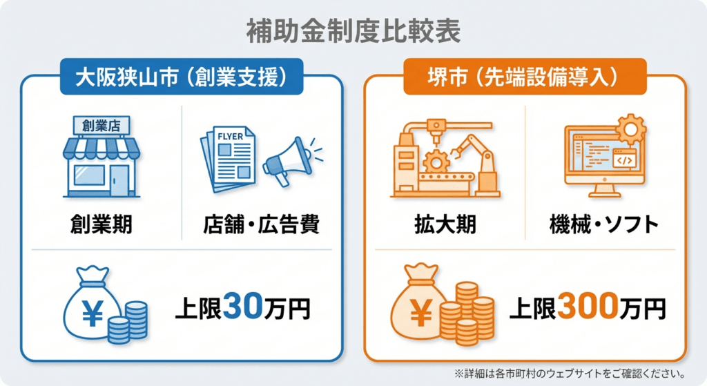 AI図解: 大阪狭山市と堺市の補助金比較マップ