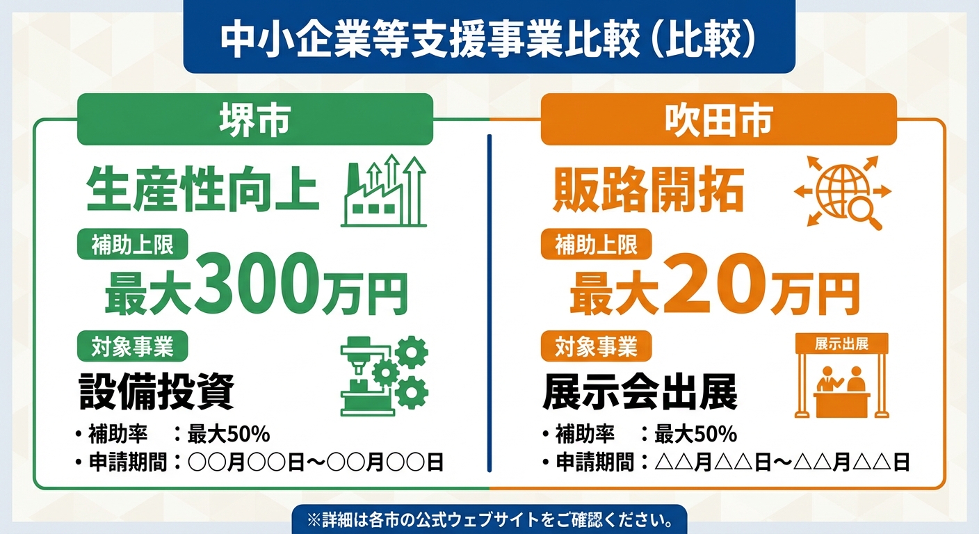 AI図解: 堺市と吹田市の補助金比較早見表