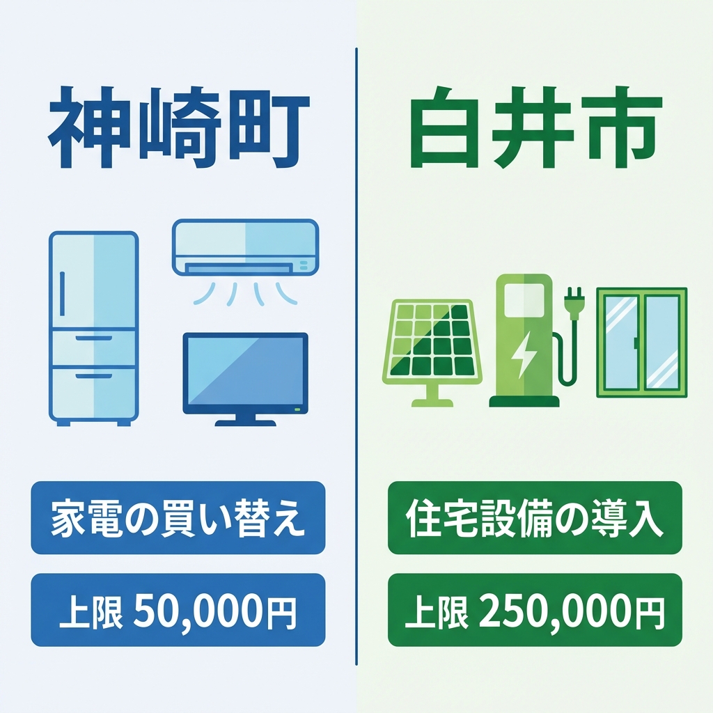 AI図解: 神崎町と白井市の制度比較まとめ