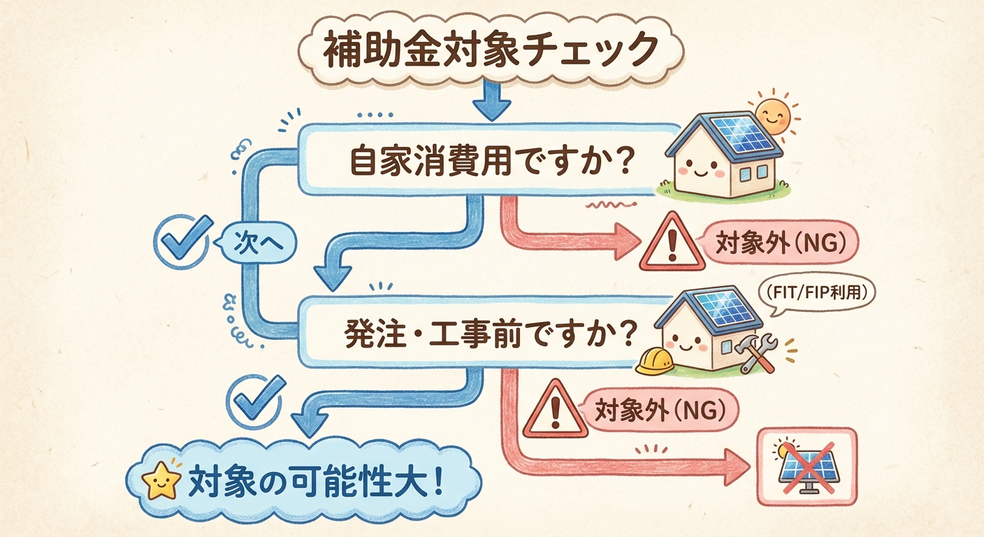 AI図解: 太陽光発電・設備の対象可否判定フローチャート