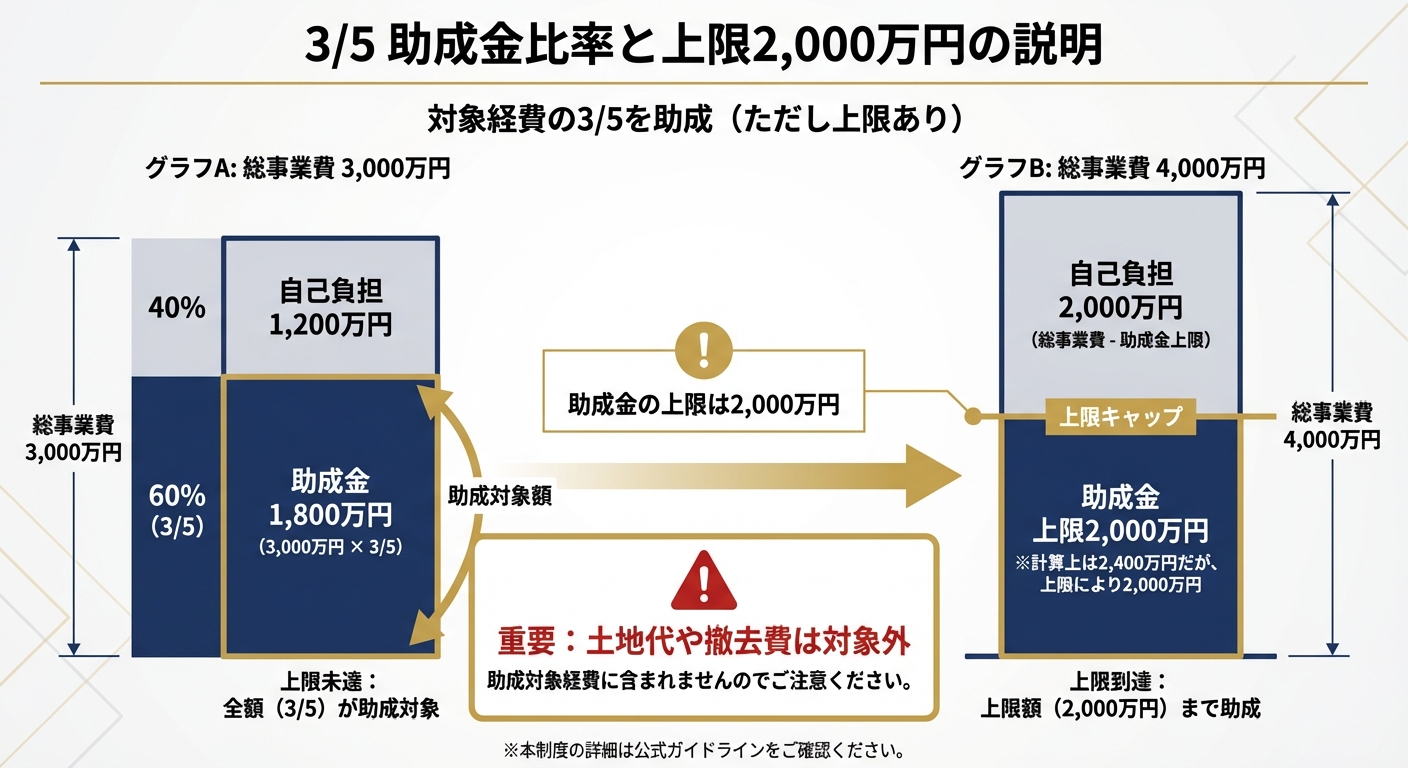 AI図解: 施設整備助成の3/5ルールと上限額シミュレーション