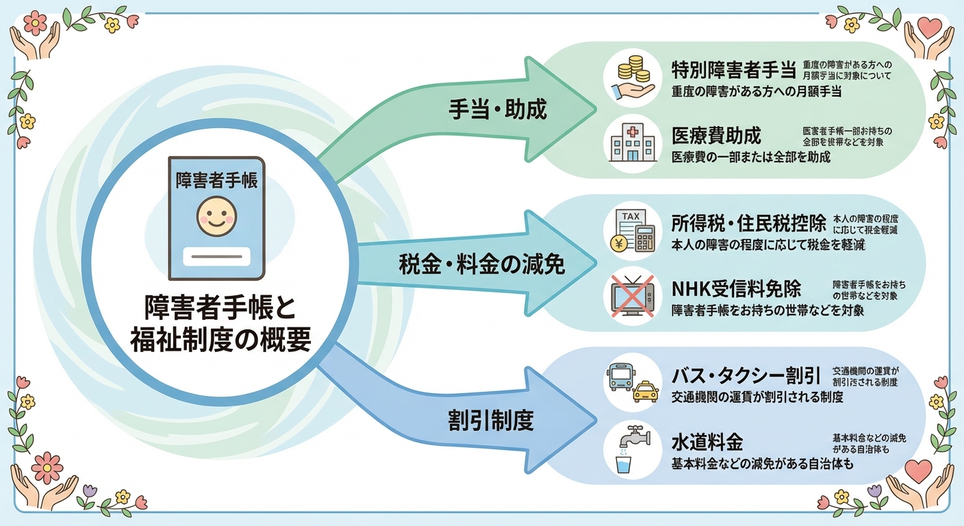 AI図解: 大河原町・障害者手帳で受けられる3つの支援カテゴリー