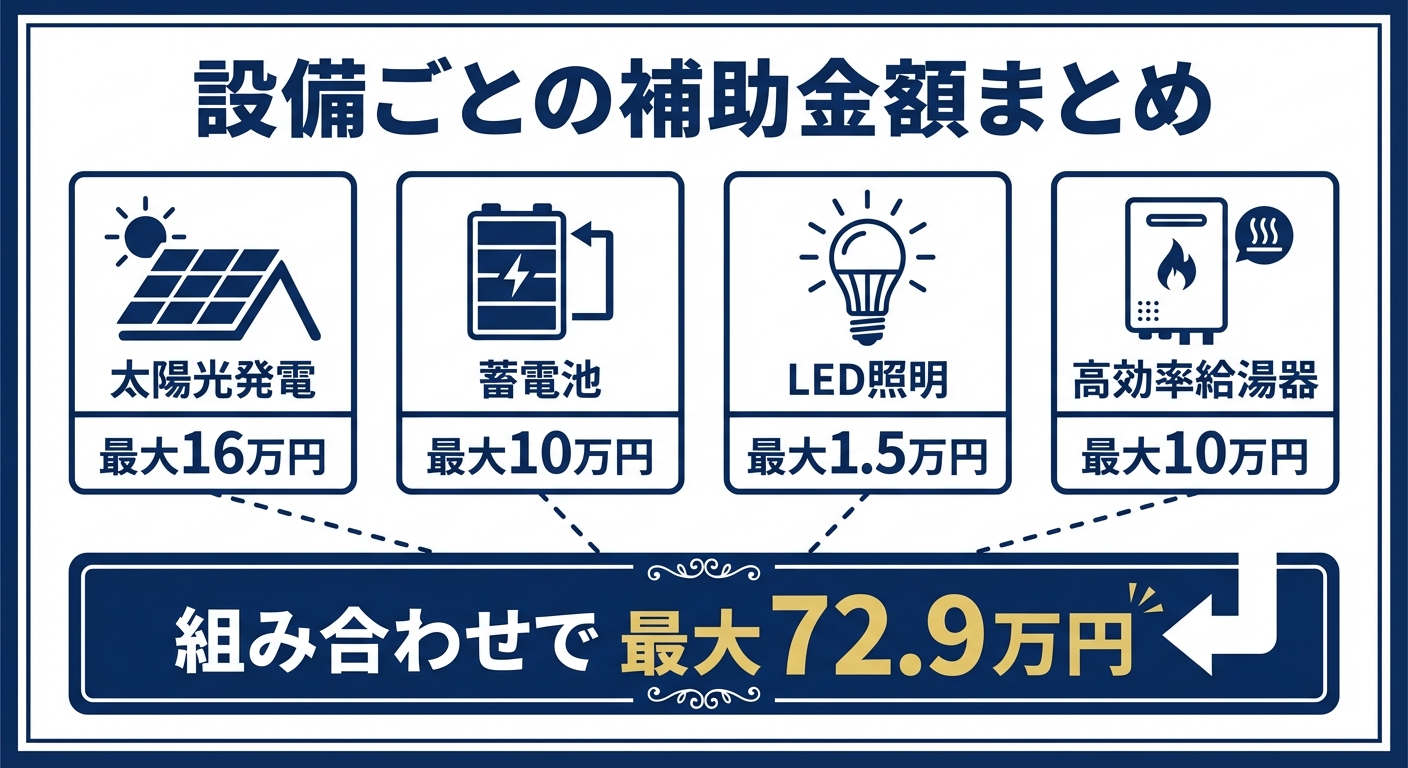 AI図解: 対象設備ごとの補助額と最大合計額のシミュレーション