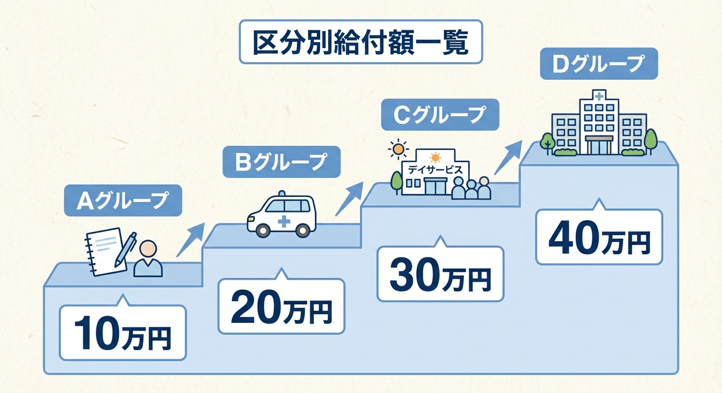 AI図解: 浦安市介護サービス区分別の給付額一覧（A～Dグループ）