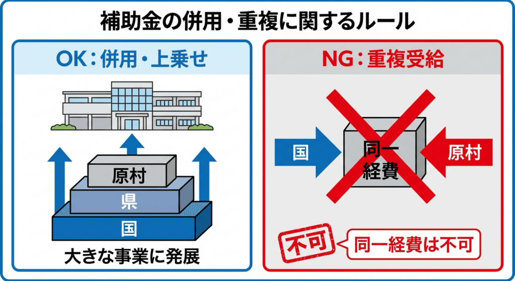 AI図解: 補助金の併用(上乗せ)と重複禁止のルール図解