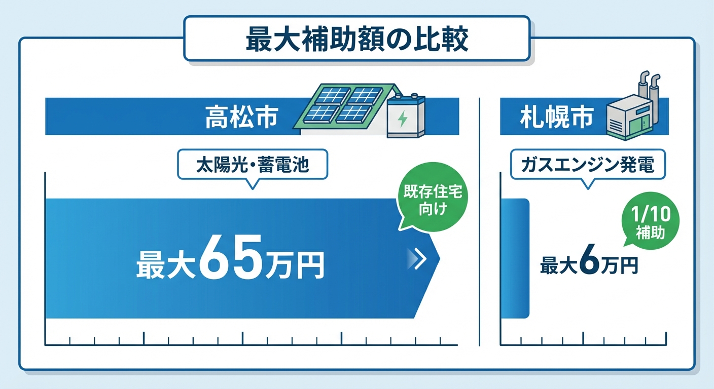 AI図解: 高松市と札幌市の最大補助額・対象設備の比較図解