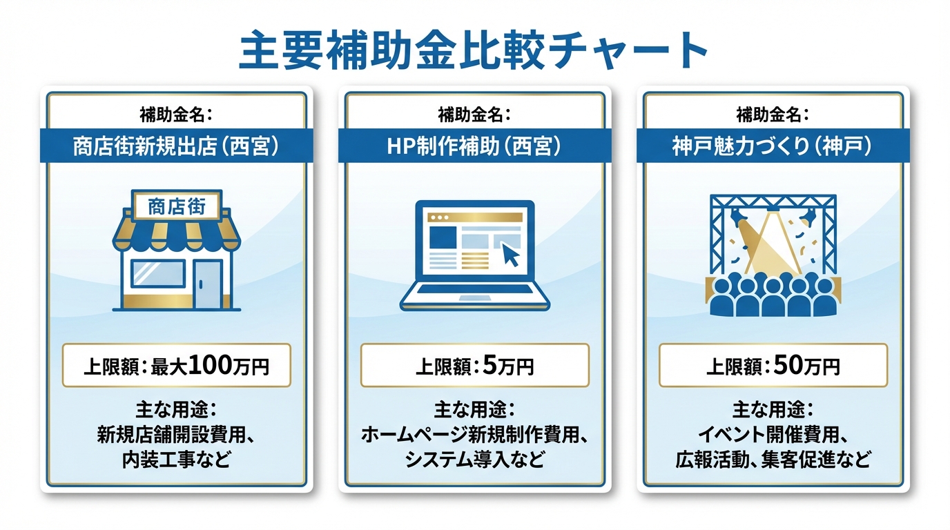 AI図解: 西宮・神戸エリアの補助金比較マップ