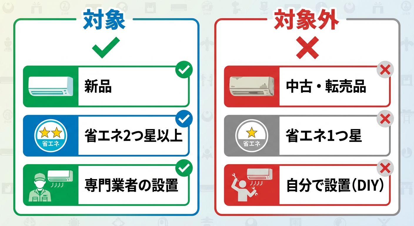 AI図解: 補助対象になるエアコン・ならないエアコンの比較図解