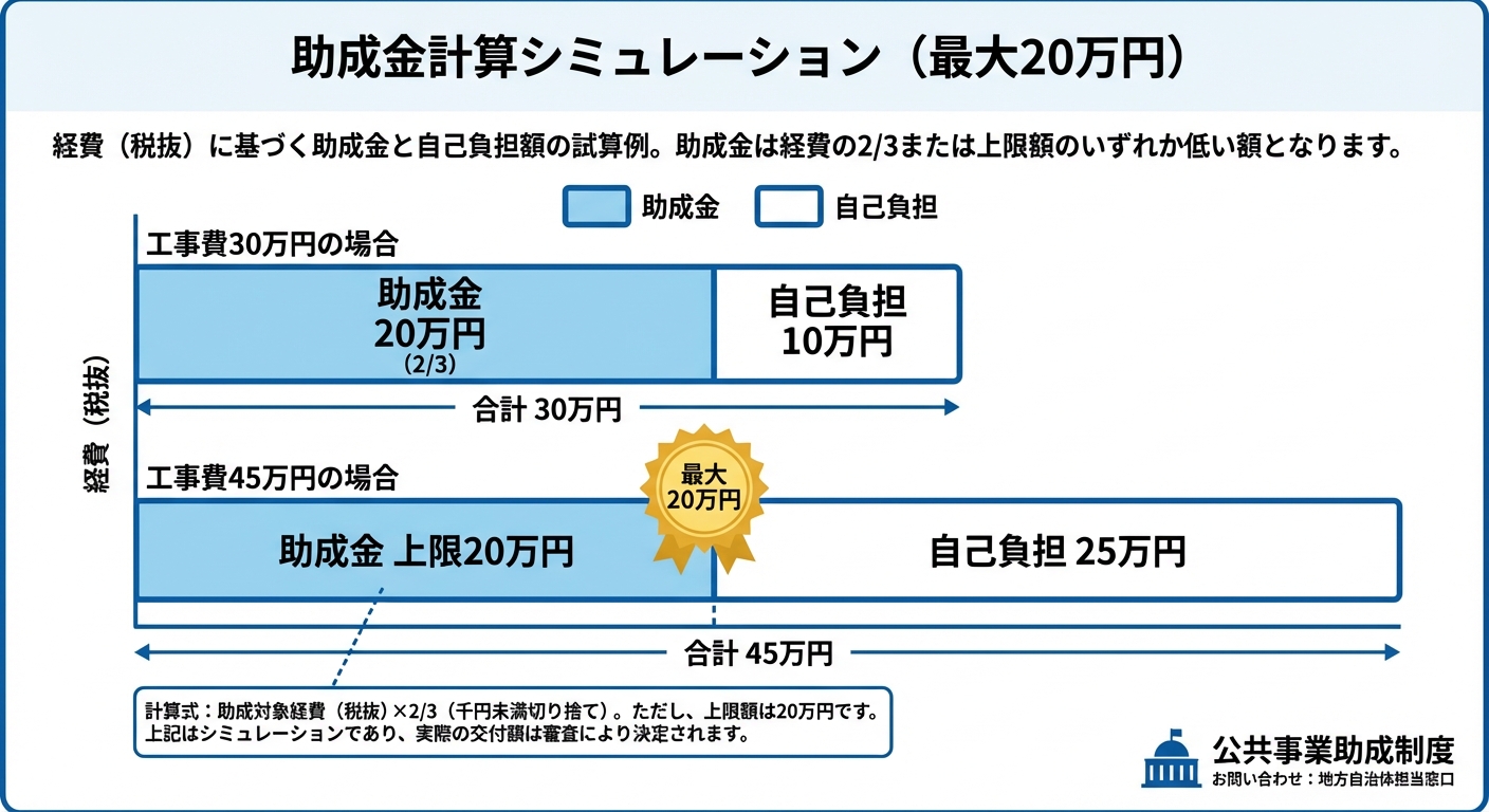 AI図解: 補助金受給額のシミュレーション（2/3補助と上限20万円の構造）