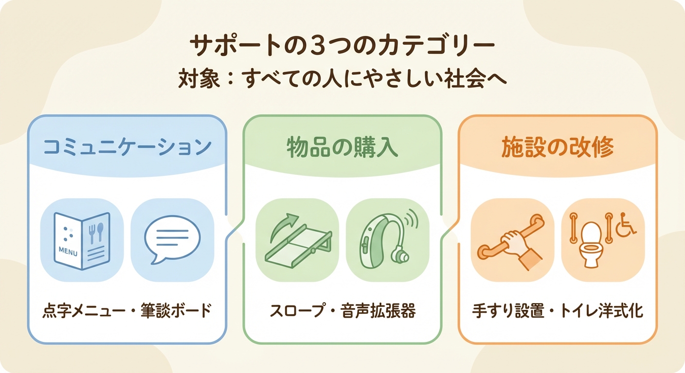 AI図解: 3つの助成対象カテゴリーと活用例の分類図
