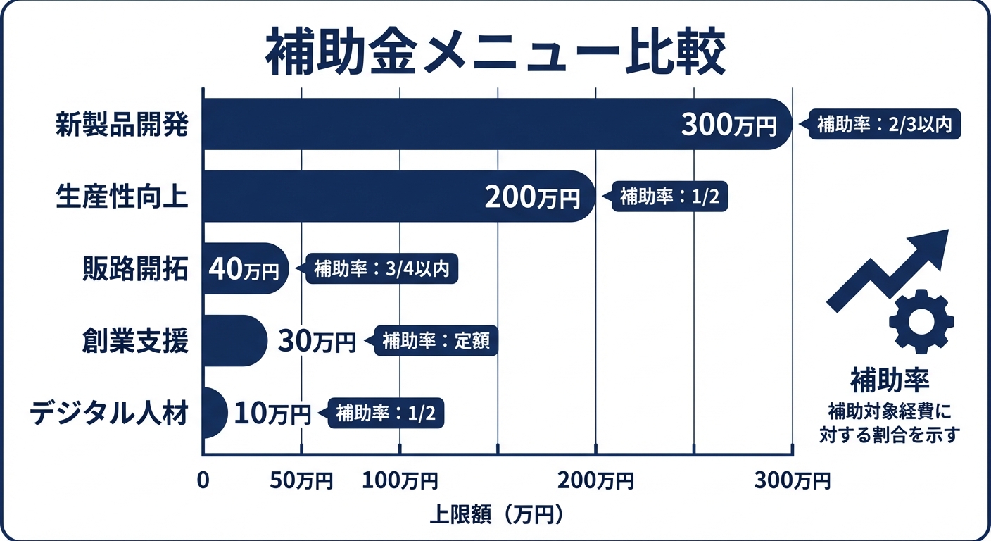 AI図解: つやま企業サポート事業 主要5メニューの比較（上限額と補助率）