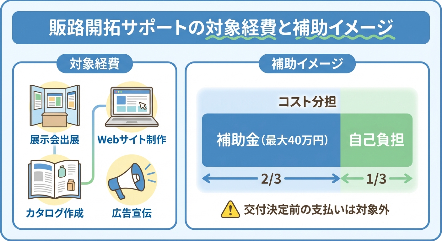 AI図解: 販路開拓サポート補助金の対象経費と2/3補助の仕組み