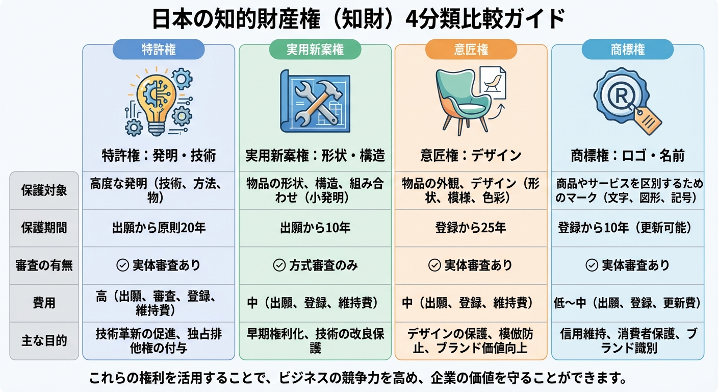 AI図解: 4つの産業財産権の比較と保護対象の図解