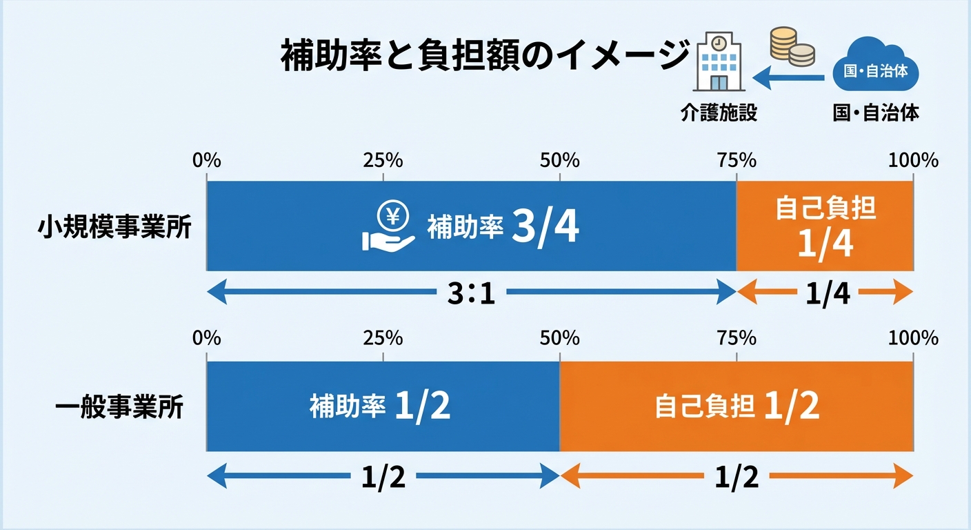 AI図解: 補助率と事業規模による補助金額のシミュレーション図