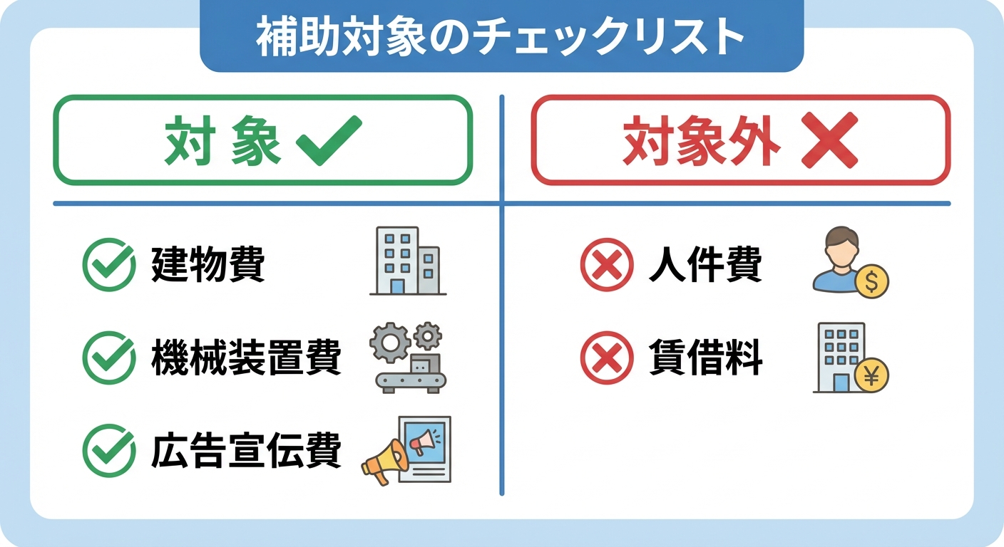 AI図解: 補助対象経費と対象外経費の仕分けチャート