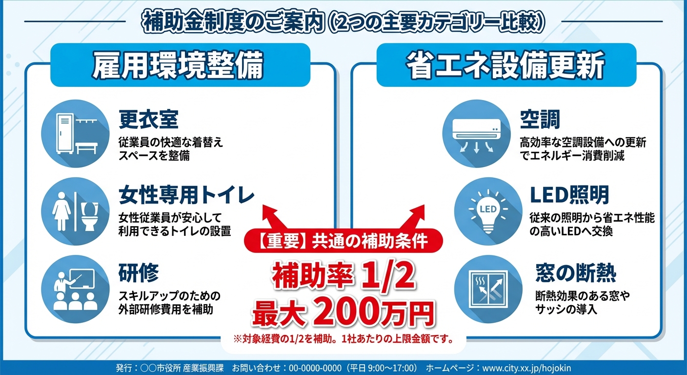 AI図解: 支援メニューの2大柱と補助内容の比較