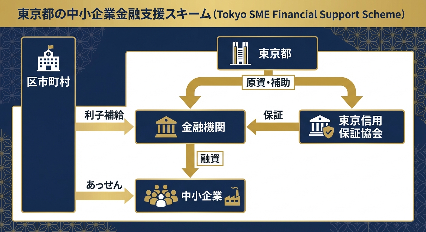 AI図解: 東京都・保証協会・金融機関の三者協調構造図