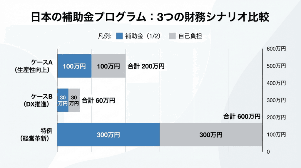 AI図解: 補助金額と自己負担のシミュレーション（通常枠 vs 特例枠）
