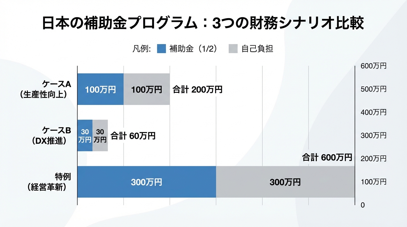 AI図解: 補助金額と自己負担のシミュレーション（通常枠 vs 特例枠）