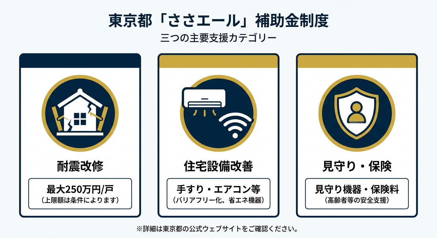 AI図解: 東京ささエール住宅：3つの助成柱と補助額の比較