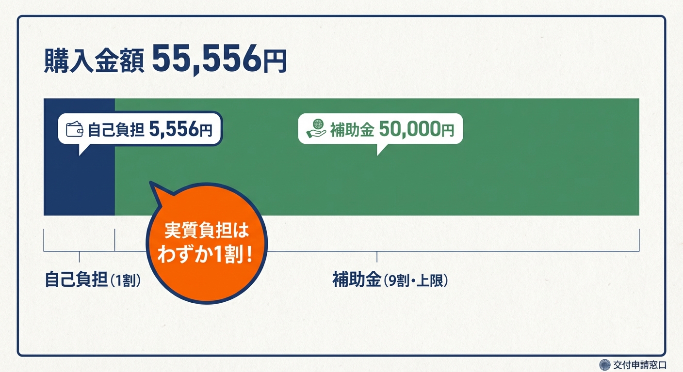AI図解: 補助金額の負担シミュレーション（9割補助の視覚化）