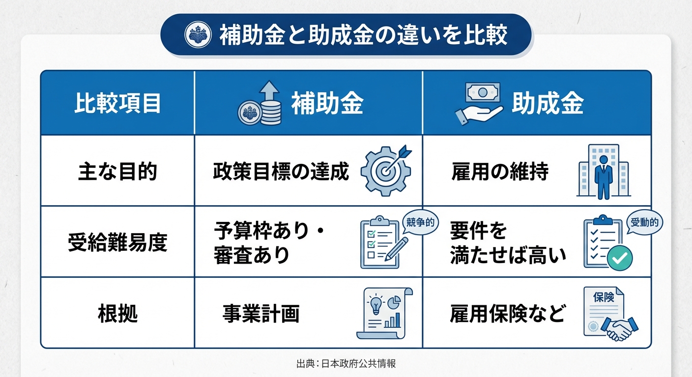 AI図解: 補助金と助成金の違いの比較図解